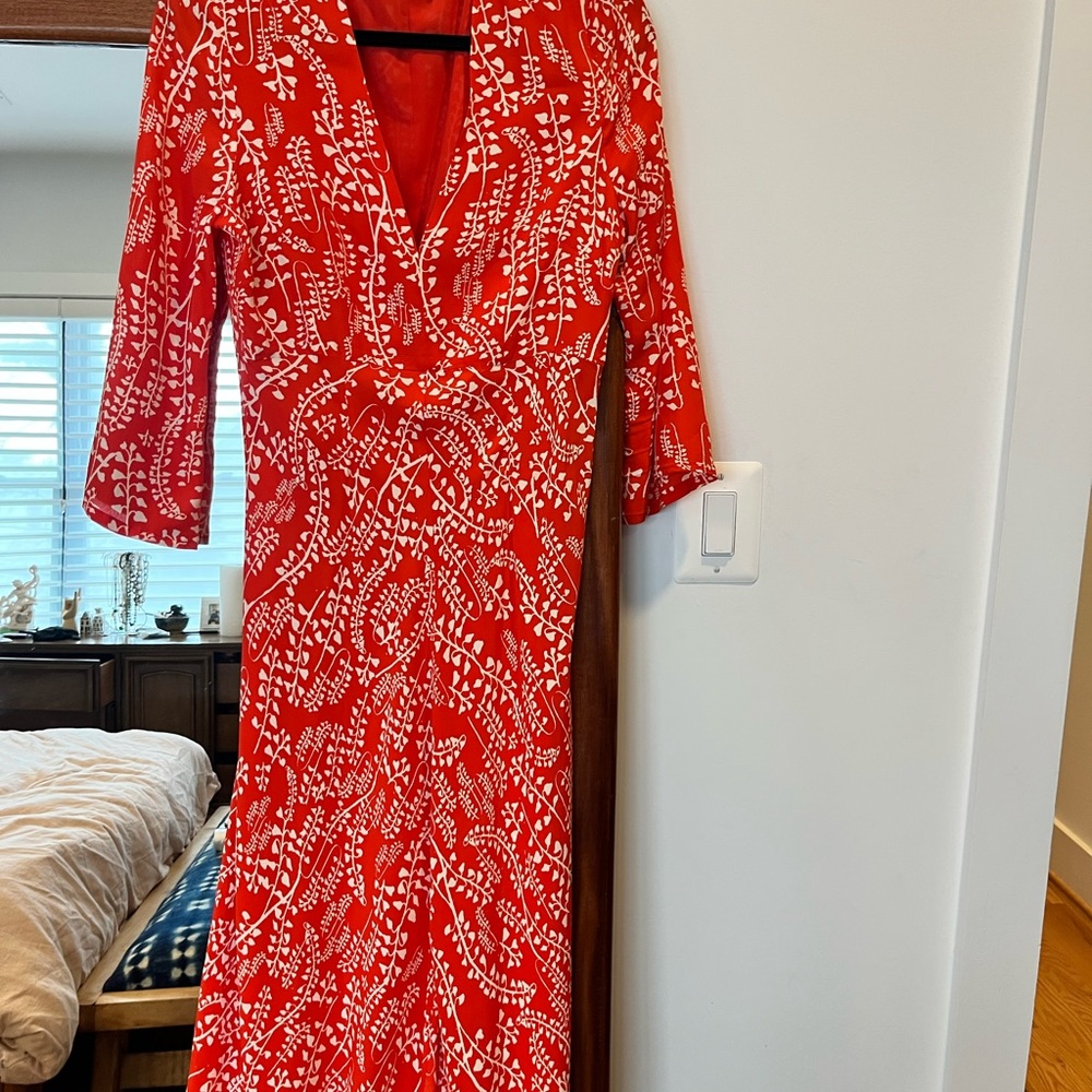 RIXO Red and White Mid Sleeve Dress